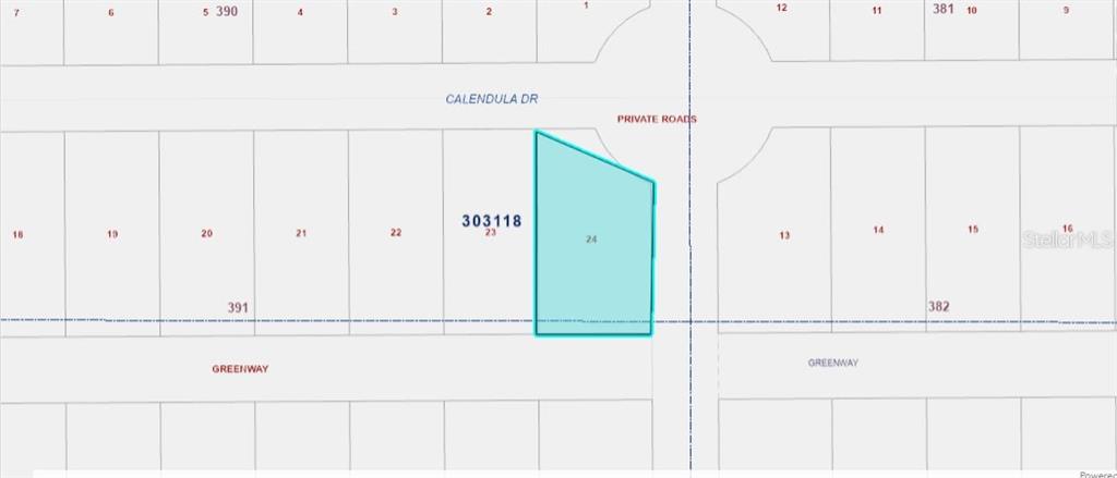 This is a plat map showing a highlighted parcel of land labeled as lot 24 — 501 CALENDULA DRIVE, INDIAN LAKE ESTATES, FL