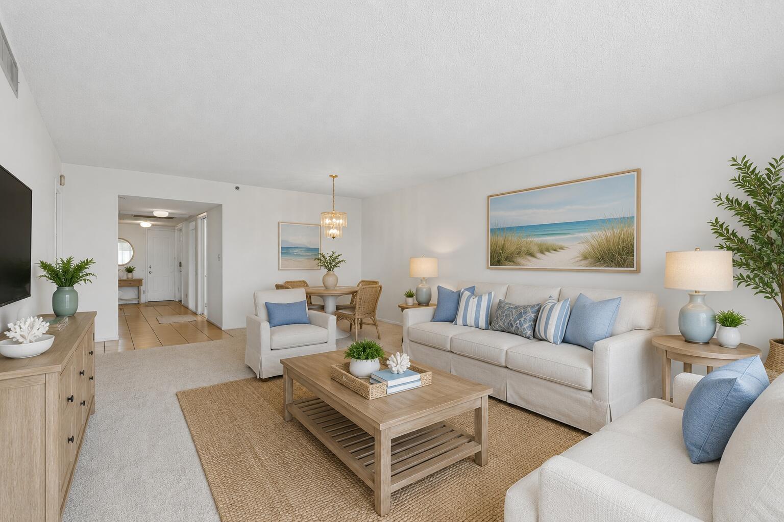 A bright living and dining area features neutral furniture, coastal decor, and a large wall painting — 3507 Oaks Way # 501, Pompano Beach FL 33069, POMPANO BEACH, FL