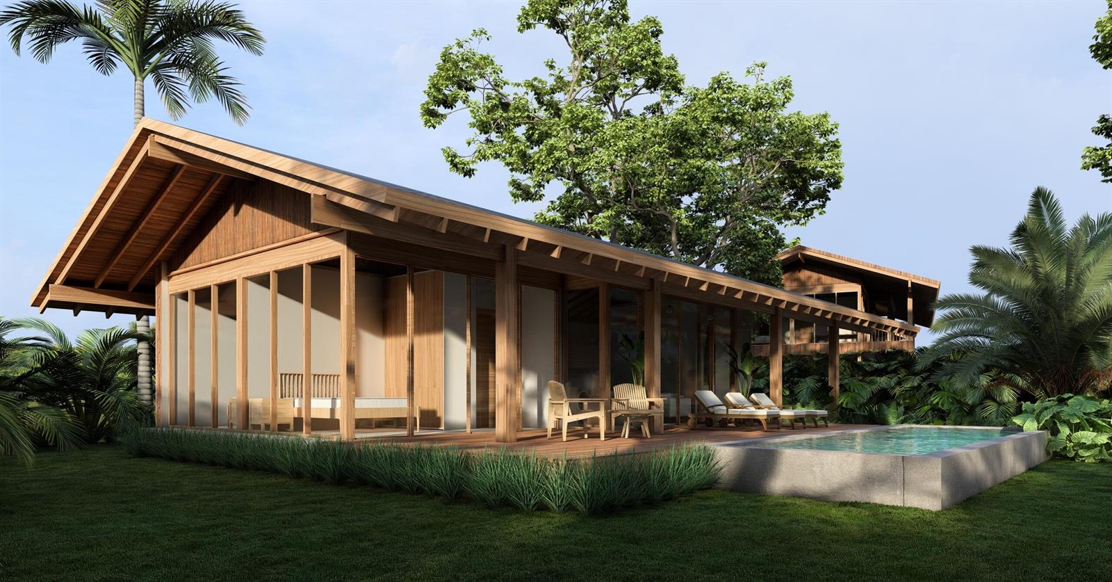 This architectural rendering shows a modern wooden villa with a private pool and deck — 325 Coral Way, Bocas Del Toro,, FL