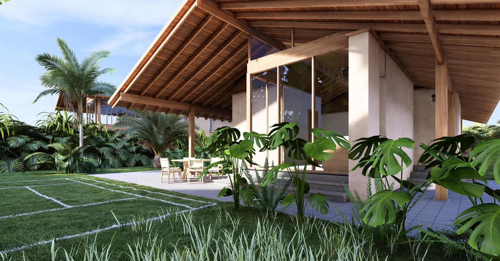 A rendering of a modern tropical house with a wooden roof and outdoor patio seating — 325 Coral Way, Bocas Del Toro,, FL