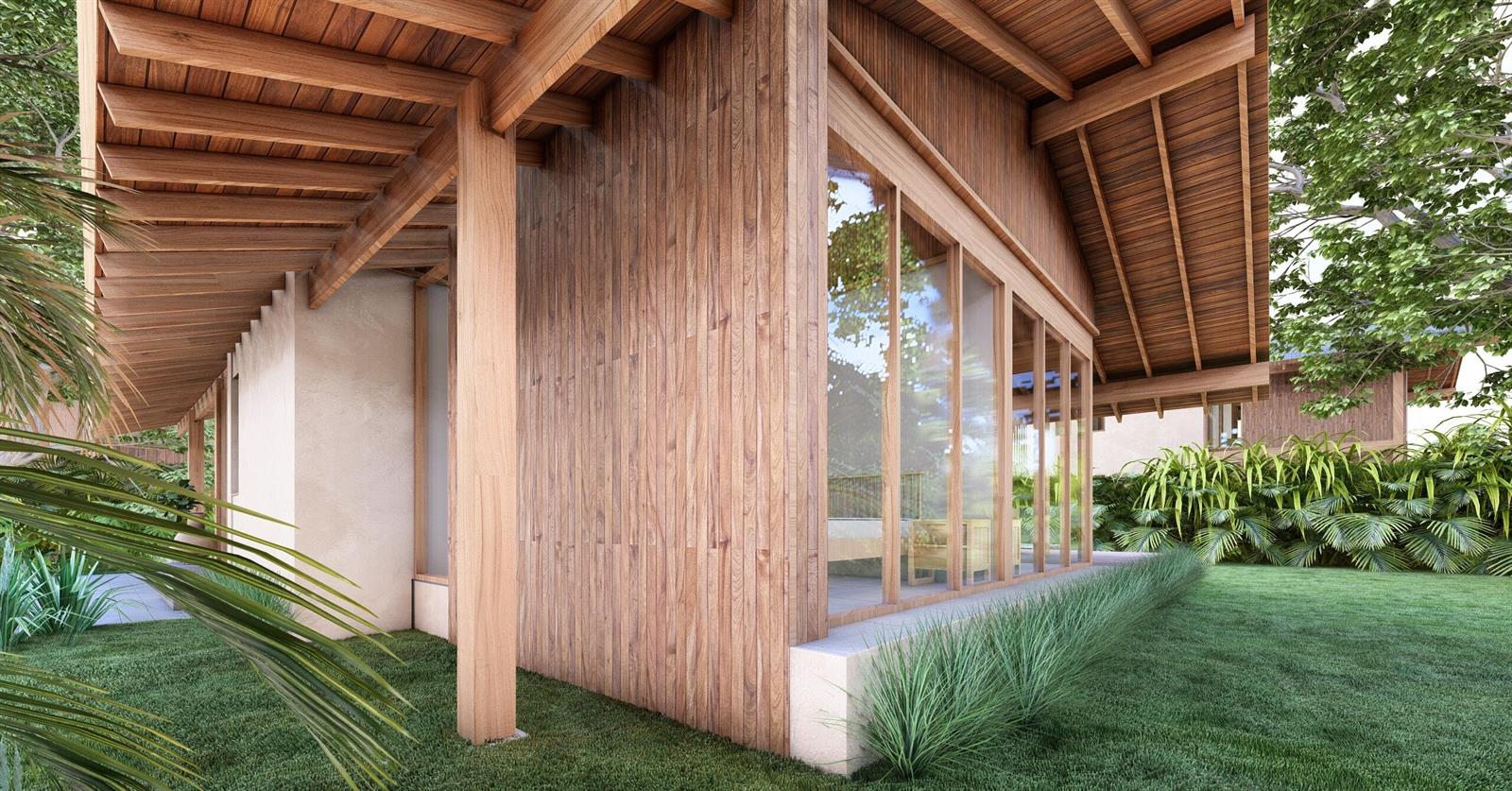 A rendering of a modern wooden cabin exterior featuring large glass windows and a sloped roof — 325 Coral Way, Bocas Del Toro,, FL