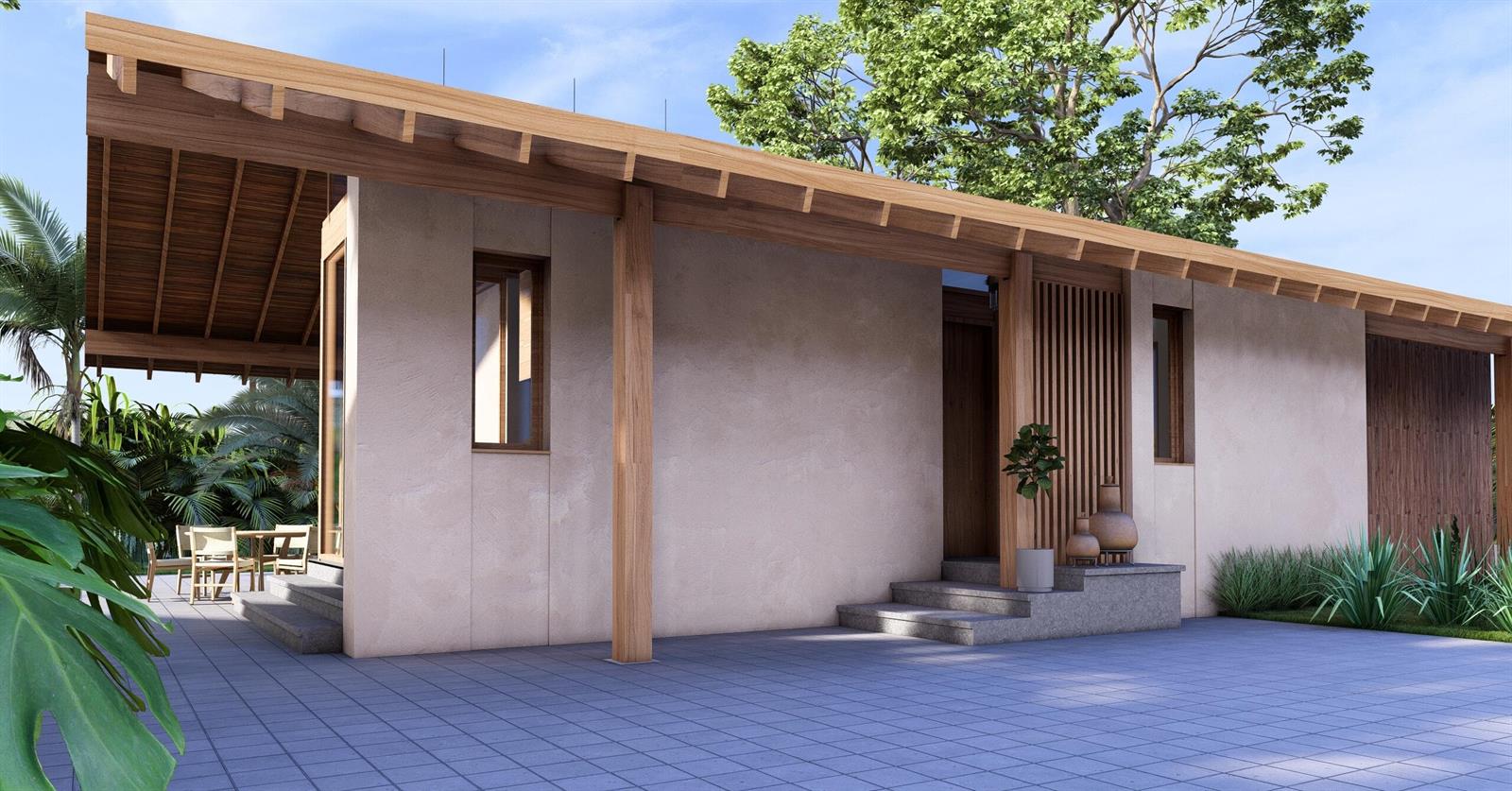 This architectural rendering shows the exterior of a modern house with a wooden roof overhang — 325 Coral Way, Bocas Del Toro,, FL