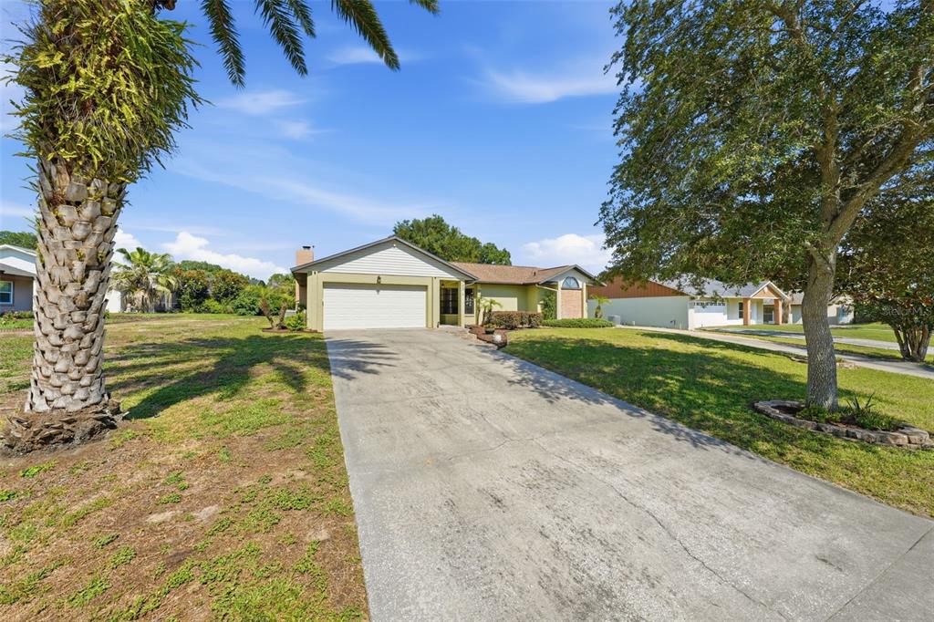A single-story house with a two-car garage and a concrete driveway under a blue sky — 103 RIDGECREST DRIVE, EUSTIS, FL