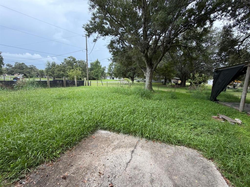 A concrete patio overlooks a large, grassy backyard with mature trees and a fenced perimeter — 1423 NE LIVINGSTON STREET, ARCADIA, FL