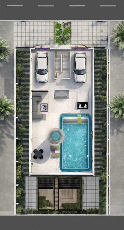 This architectural rendering shows a top-down view of a modern property with a pool — AVERY AVENUE, CRYSTAL BEACH, FL