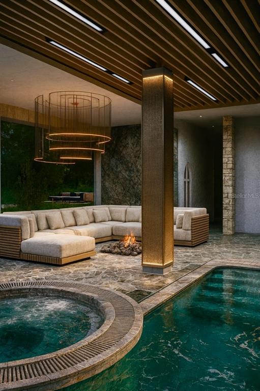 This architectural rendering shows an outdoor lounge with a pool, hot tub, and fireplace — AVERY AVENUE, CRYSTAL BEACH, FL