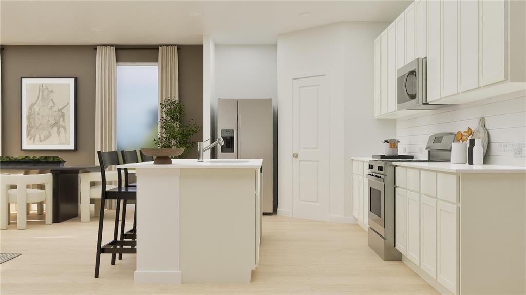 This rendering shows a modern kitchen with white cabinets, stainless steel appliances, and an island — 3063 REPOSE DRIVE, CLERMONT, FL