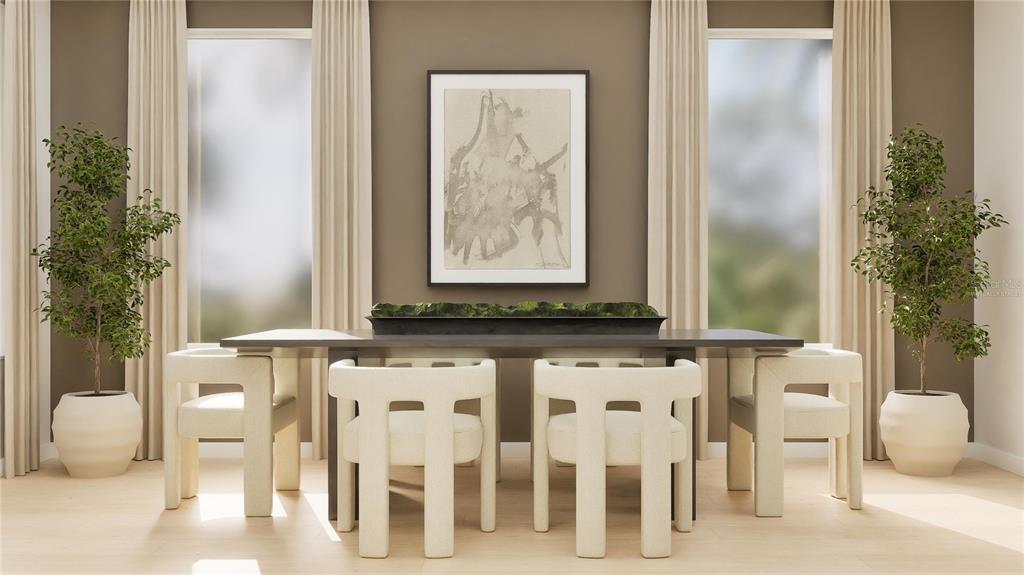 This is a rendering of a dining room featuring a long table, four chairs, and plants — 3063 REPOSE DRIVE, CLERMONT, FL