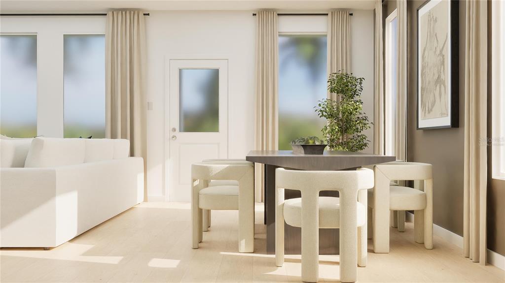 This is a rendering of a dining area with a modern table, chairs, and curtains — 3063 REPOSE DRIVE, CLERMONT, FL