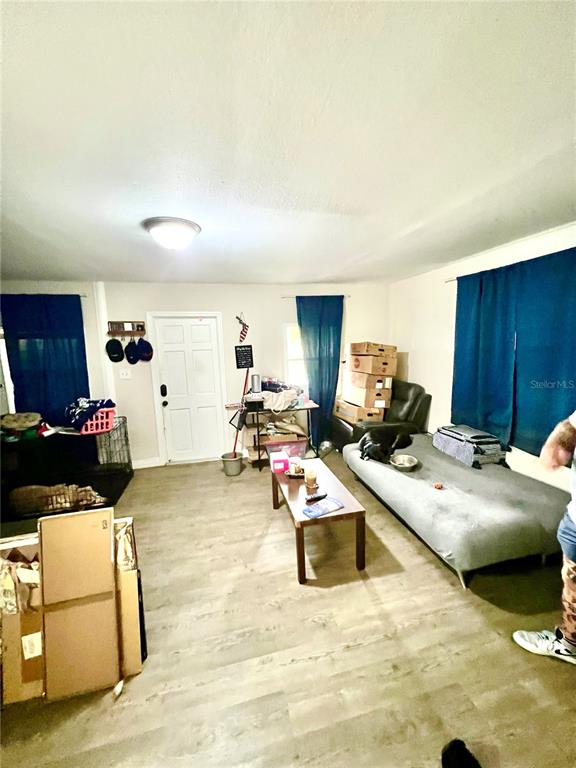 This living room features light wood-look flooring, a white door, and blue curtains — 1008 GRAY STREET, PLANT CITY, FL