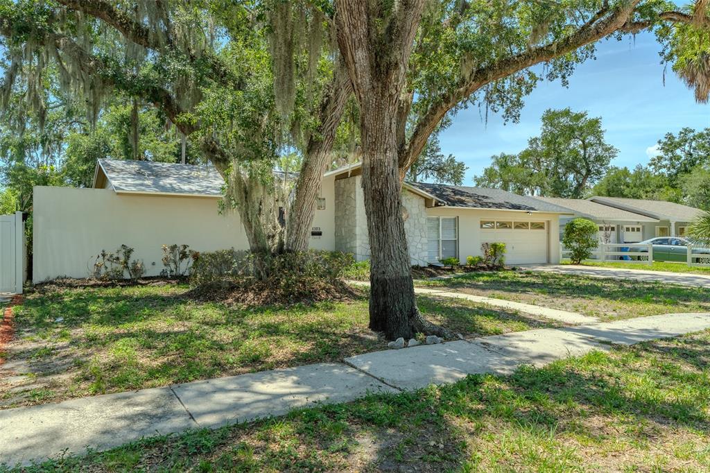 A single-story house with a white stone facade, a dark front door, and a garage — 8018 W POCAHONTAS AVENUE, TAMPA, FL