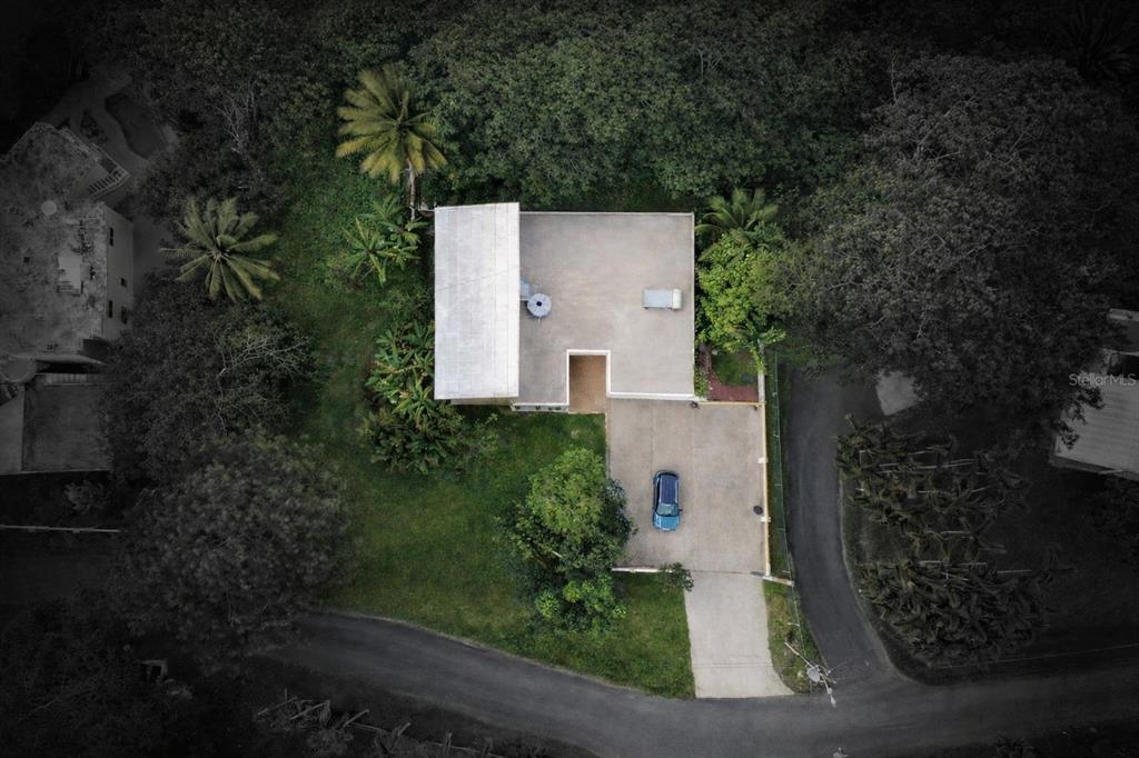 An aerial view shows a house with a flat roof, driveway, and surrounding trees — Carr 793 KM 1.2 QUINTAS DE JAGUEYES 31A, AGUAS BUENAS, PR