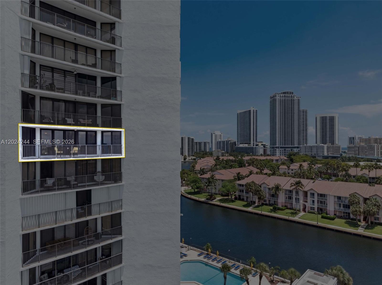 A high-rise balcony with a railing is highlighted on the side of a tall building — 300 Three Islands Blvd # 710, Hallandale Beach FL 33009, HALLANDALE BEACH, FL
