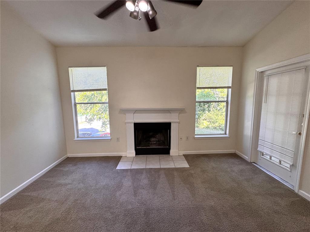 A living room features beige carpet, a central fireplace with a white mantel, and two windows — 10519 VILLA VIEW CIRCLE UNIT 10519, TAMPA, FL