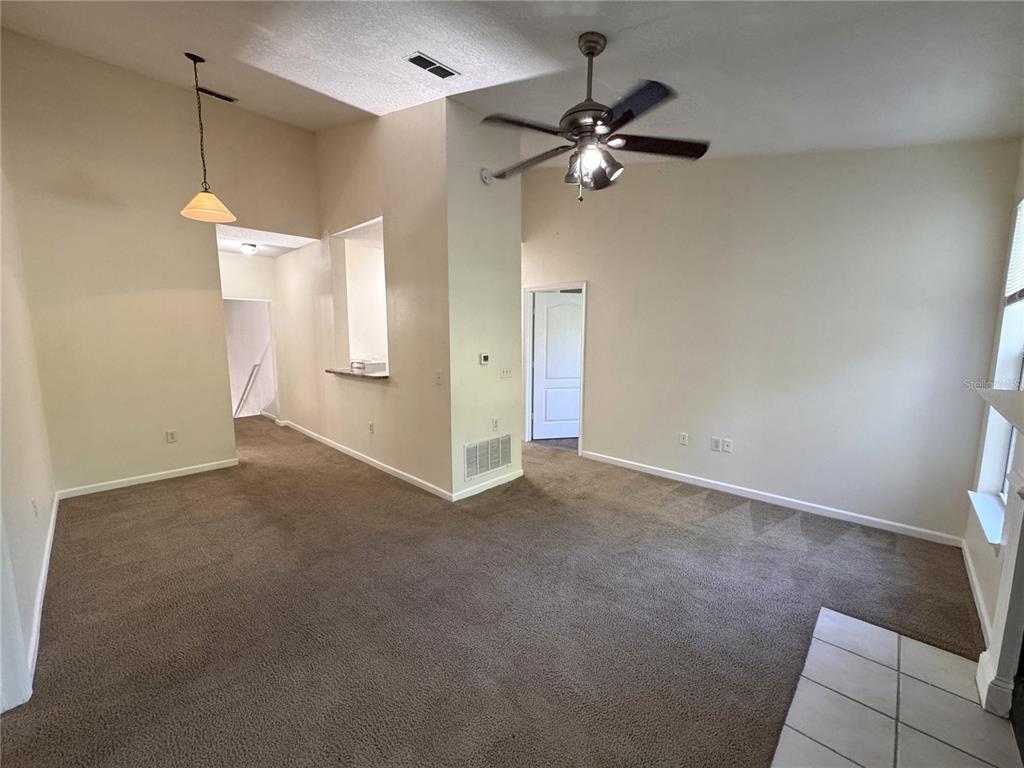 A carpeted living room features a ceiling fan, a pass-through window, and a pendant light — 10519 VILLA VIEW CIRCLE UNIT 10519, TAMPA, FL
