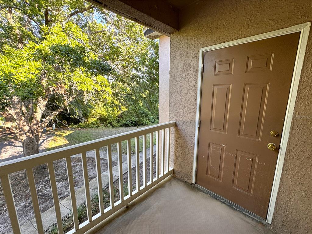 A balcony with a white railing overlooks a grassy area and trees next to a door — 10519 VILLA VIEW CIRCLE UNIT 10519, TAMPA, FL