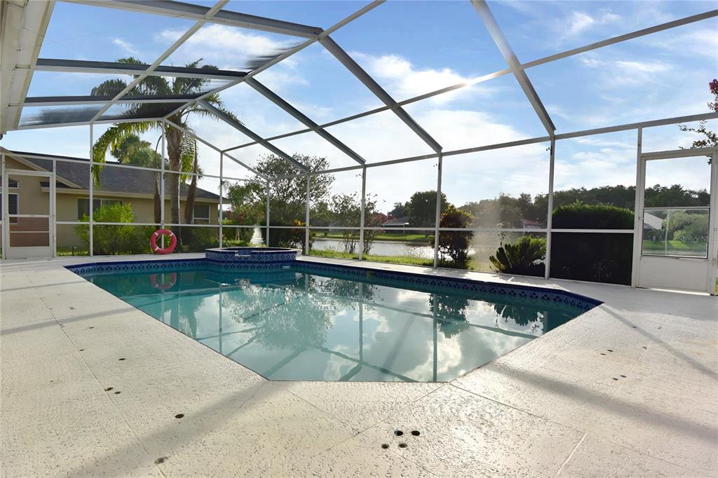 A swimming pool and hot tub are enclosed within a screened-in patio overlooking a lake — 4763 BRAYTON TERRACE N, PALM HARBOR, FL