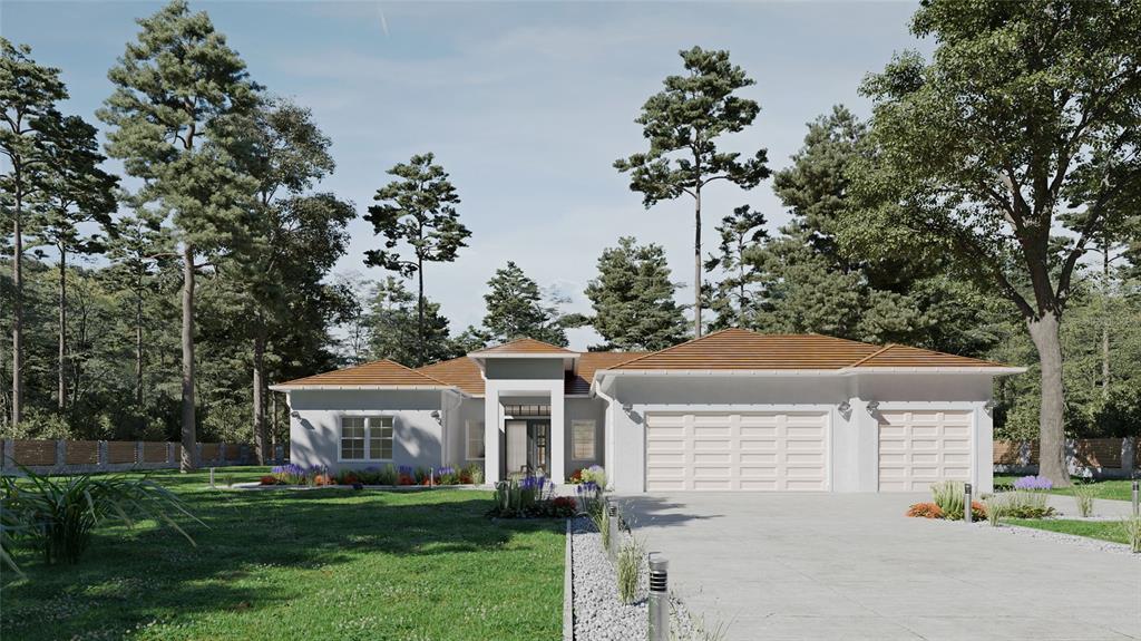 This is a rendering of a single-story house with a three-car garage and wooded surroundings — 8301 BURWELL CIRCLE, PORT CHARLOTTE, FL