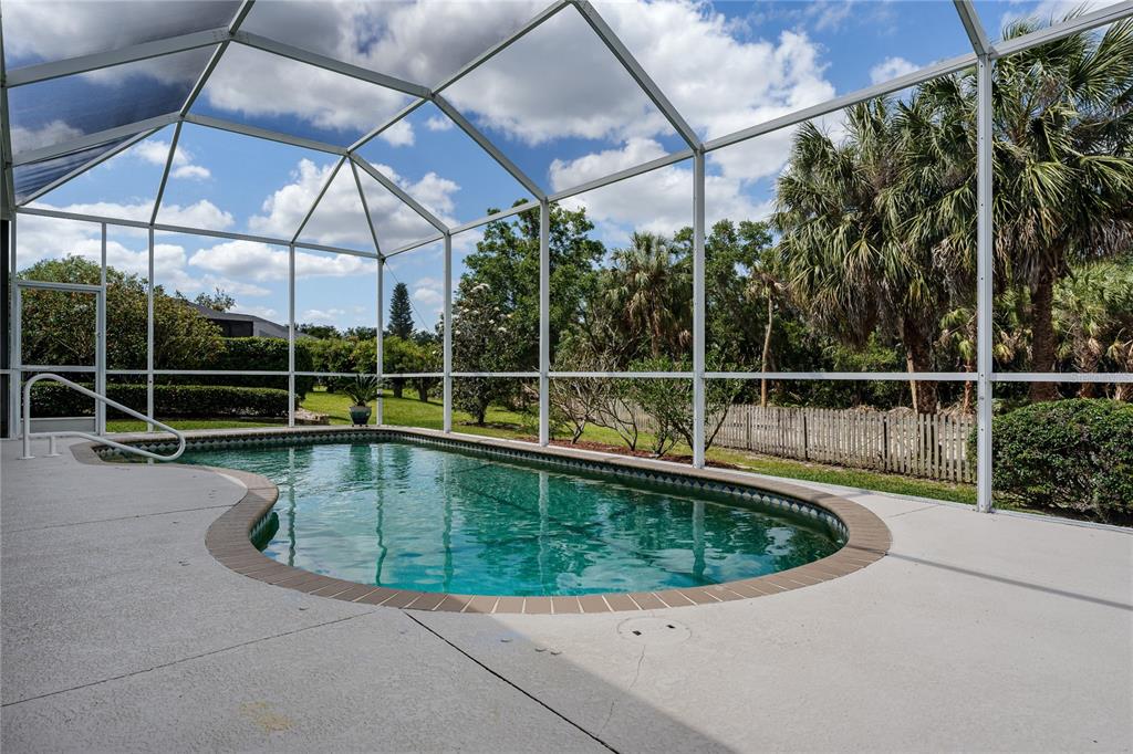 A screened-in swimming pool with a concrete deck sits in a backyard with trees — 11220 28TH STREET CIRCLE E, PARRISH, FL