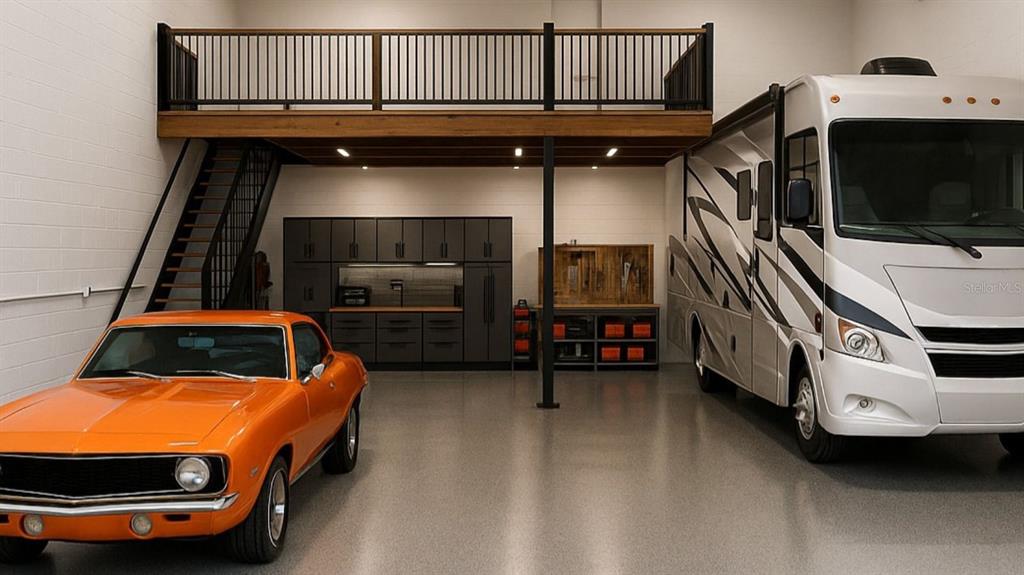 A spacious garage features a loft area, a classic orange car, and a large RV — 5233 TAYLOR ROAD UNIT B1, PUNTA GORDA, FL