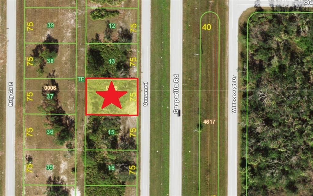 This is a satellite map view showing a highlighted rectangular plot of land — 10225 GASPARILLA ROAD, PLACIDA, FL