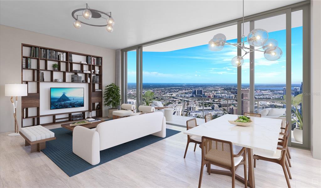 This is a rendering of a modern living and dining room with floor-to-ceiling windows — 520 N TAMPA ST UNIT 2905, TAMPA, FL