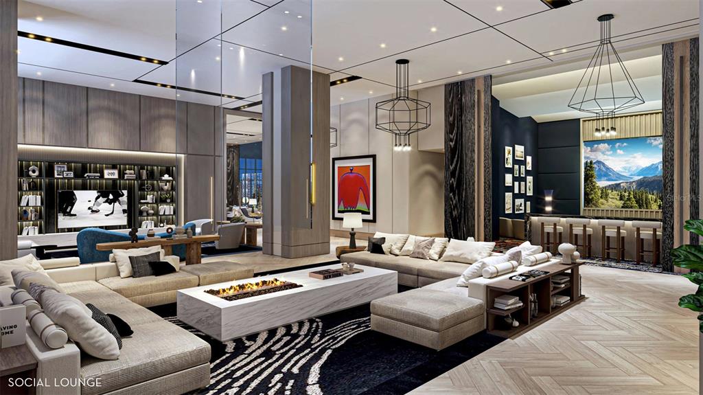This rendering shows a modern social lounge featuring a central fireplace and sectional seating — 520 N TAMPA ST UNIT 2905, TAMPA, FL