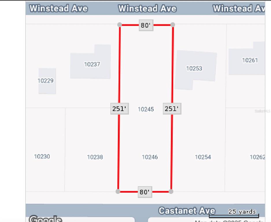 This is a map showing the rectangular property boundaries and dimensions of a residential lot — 10245 WINSTEAD AVENUE, ENGLEWOOD, FL
