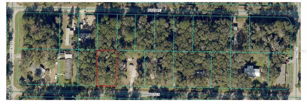 An aerial map view shows a rectangular plot of land outlined in red among trees — 0 NW 15TH LANE, OCALA, FL