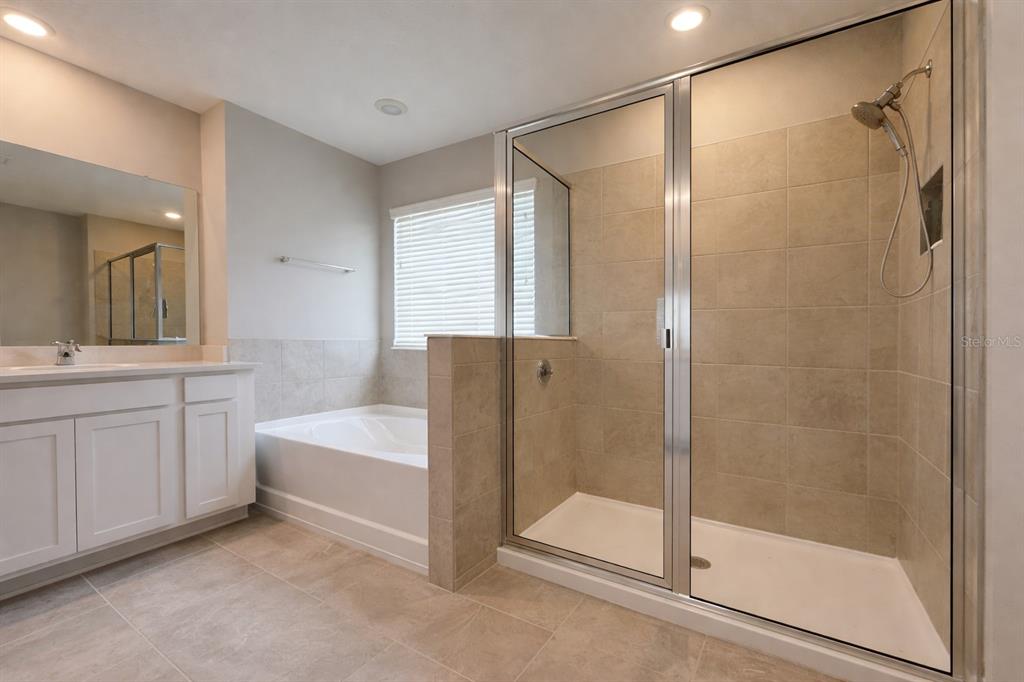 A bathroom features a white vanity, a soaking tub, and a glass-enclosed tiled shower — 33546 DARLEY DALE TRAIL, WESLEY CHAPEL, FL