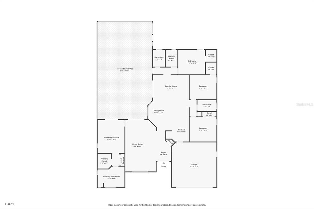 This is a floor plan of a single-story house featuring a pool and screened patio — 7258 ALOE DRIVE, SPRING HILL, FL