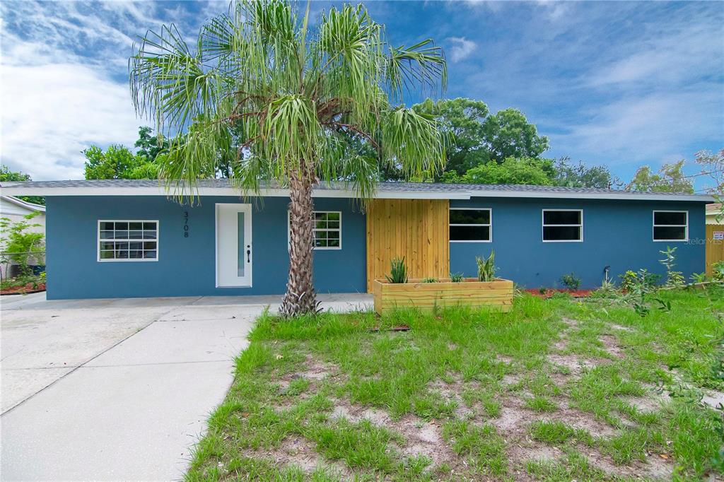 A blue single-story house features a palm tree, a wooden accent wall, and a planter — 3708 W TYSON AVENUE, TAMPA, FL