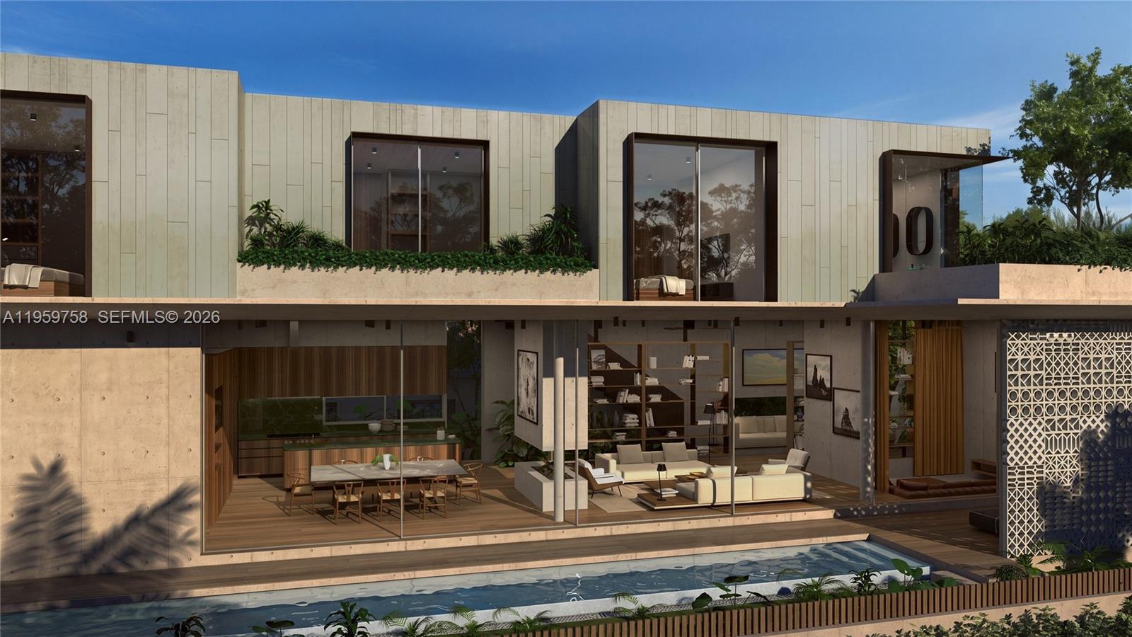 This architectural rendering shows a modern two-story home with an open-plan living area and pool — 1728 Lenox Ave, Miami Beach FL 33139, MIAMI BEACH, FL