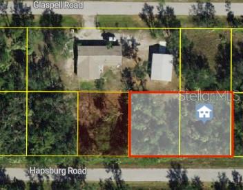 This is an aerial map showing several adjacent land parcels and a house — 26180 HAPSBURG ROAD, PUNTA GORDA, FL