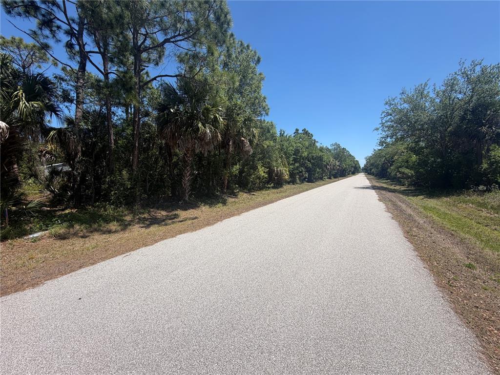 A paved road stretches into the distance between dense trees and vegetation under a clear sky — 26180 HAPSBURG ROAD, PUNTA GORDA, FL