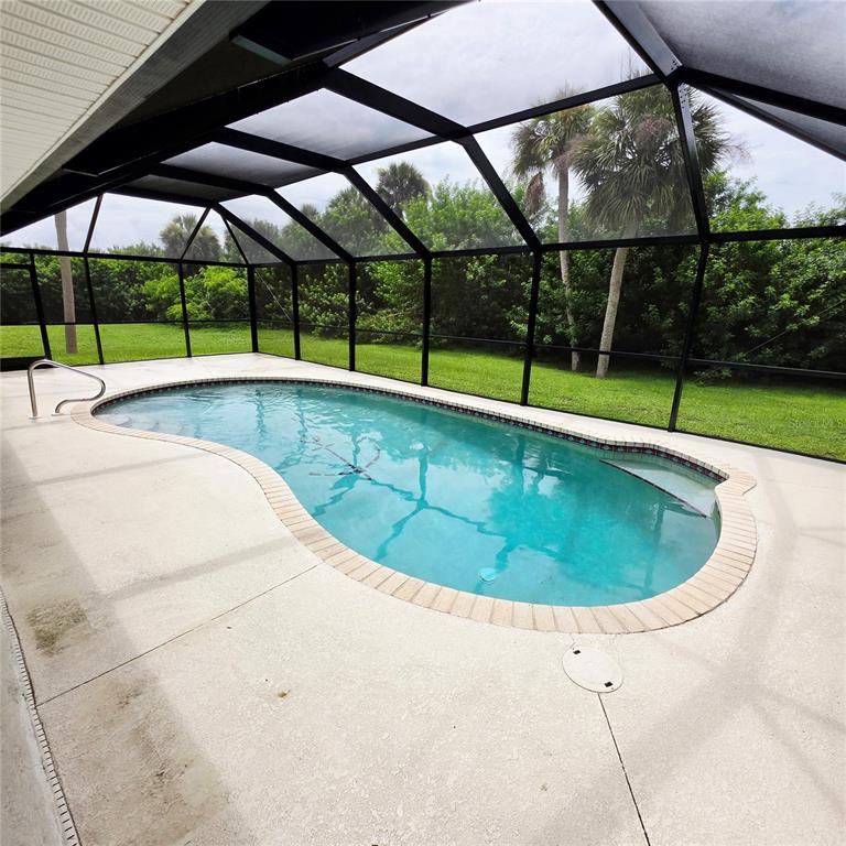 A kidney-shaped swimming pool sits on a concrete patio enclosed by a black screen cage — 18563 FORT SMITH CIRCLE, PORT CHARLOTTE, FL