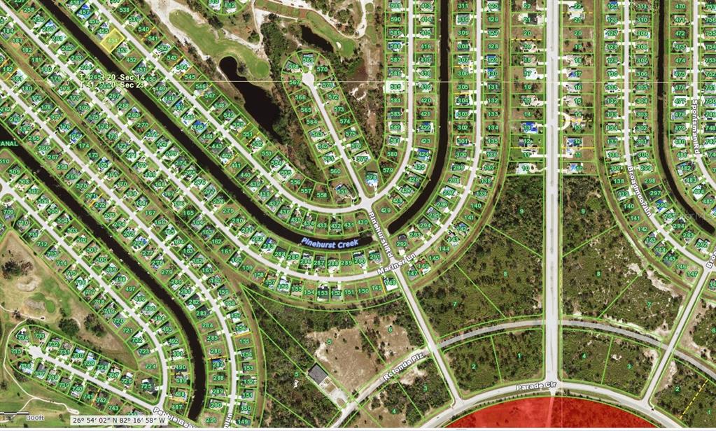 This is a satellite map view of a residential neighborhood with curved streets and lots — 85 FAIRWAY ROAD, ROTONDA WEST, FL