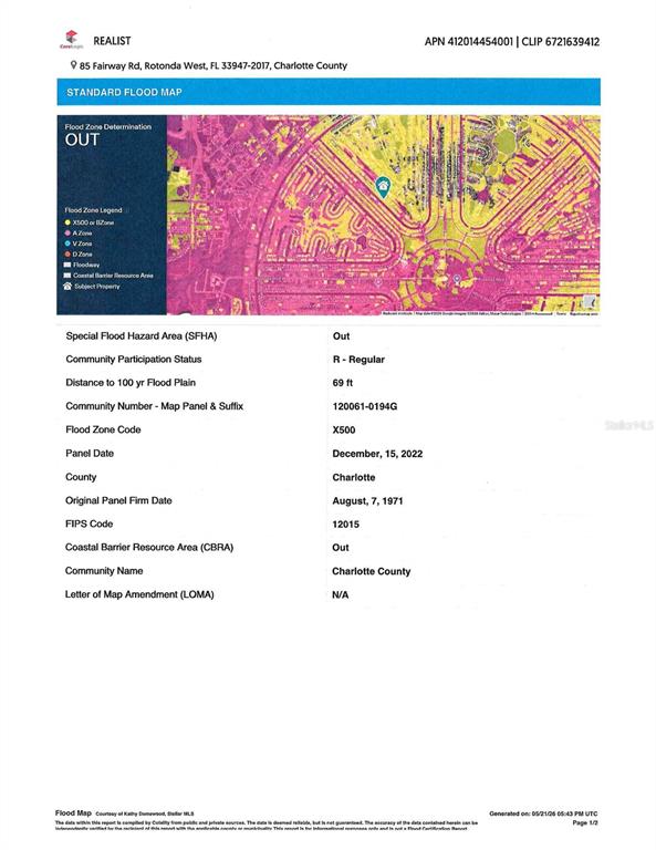 This is a standard flood map report for a property in Charlotte County, Florida — 85 FAIRWAY ROAD, ROTONDA WEST, FL