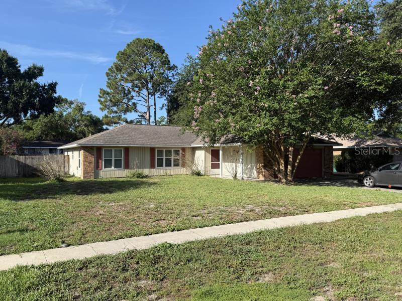 A single-story house with light-colored siding, red shutters, and a large tree in the yard — 3260 MARY LANE, MOUNT DORA, FL