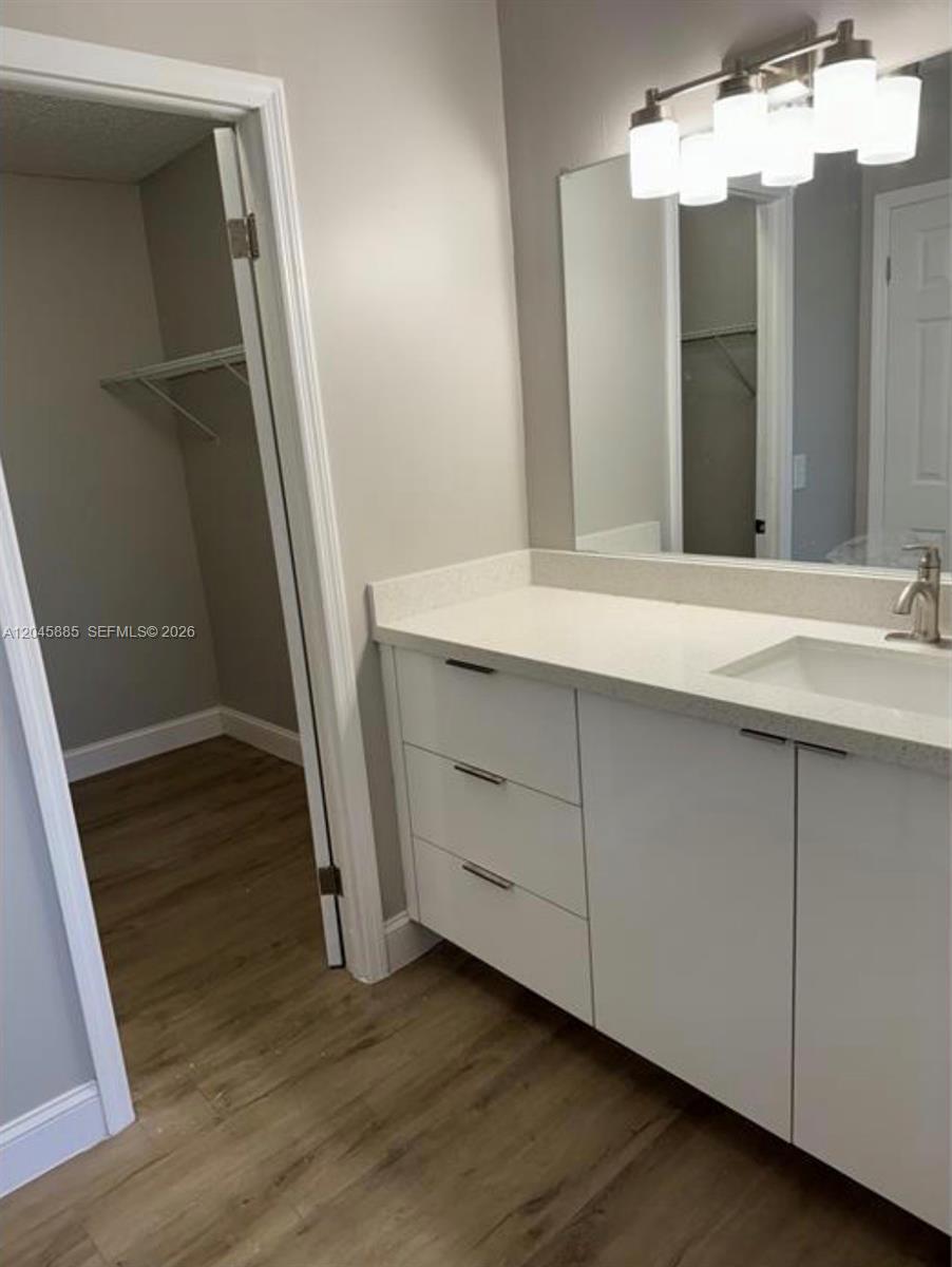 A bathroom features a white vanity with a quartz countertop, a mirror, and an adjacent closet — HOMESTEAD, FL