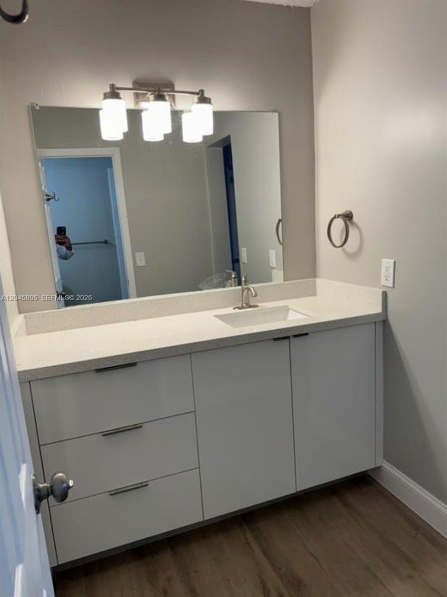 A bathroom features a white vanity with a single sink, a large mirror, and lighting — HOMESTEAD, FL