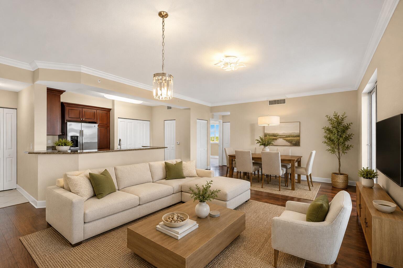 A living room and dining area with hardwood floors, neutral furniture, and an open kitchen — 1660 Renaissance Commons Boulevard # 2517, Boynton Beach FL 33426, BOYNTON BEACH, FL