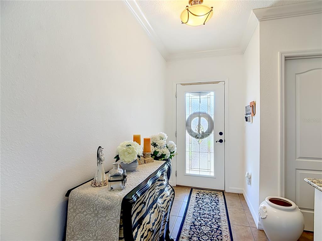 A bright entryway features a zebra-print console table, a patterned runner rug, and a glass-paneled door — 5739 DORNICH DRIVE, AUBURNDALE, FL