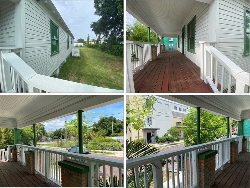 A collage showing the exterior side yard and a covered wooden porch of a house — 1411 N 17TH STREET, TAMPA, FL