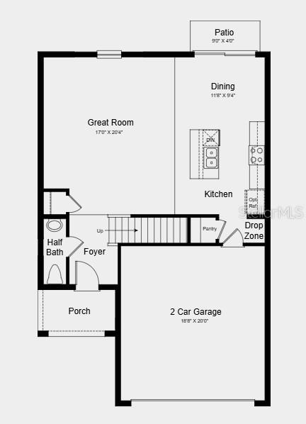 This is a floor plan of a home's first level featuring a garage and patio — 378 CORNERSTONE DRIVE, GROVELAND, FL