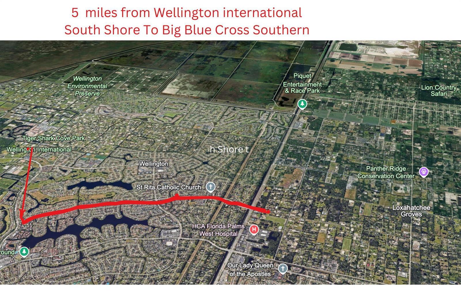 This map shows a red route line connecting Wellington International to a nearby residential area — 392 F Road, FL 33470, FL