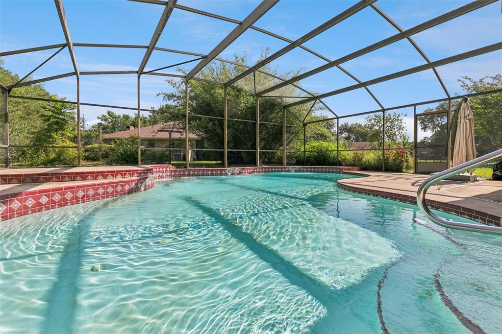 A swimming pool with a tiled border is enclosed by a screened lanai structure — 4 BASS LAKE DRIVE, DEBARY, FL
