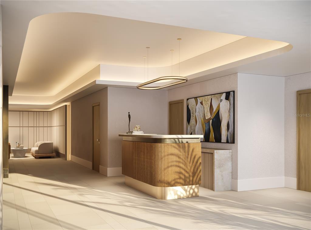 This is a rendering of a modern lobby featuring a fluted wood reception desk and lighting — 268 AVENIDA JUAN PONCE DE LEON UNIT 1407, SAN JUAN, PR