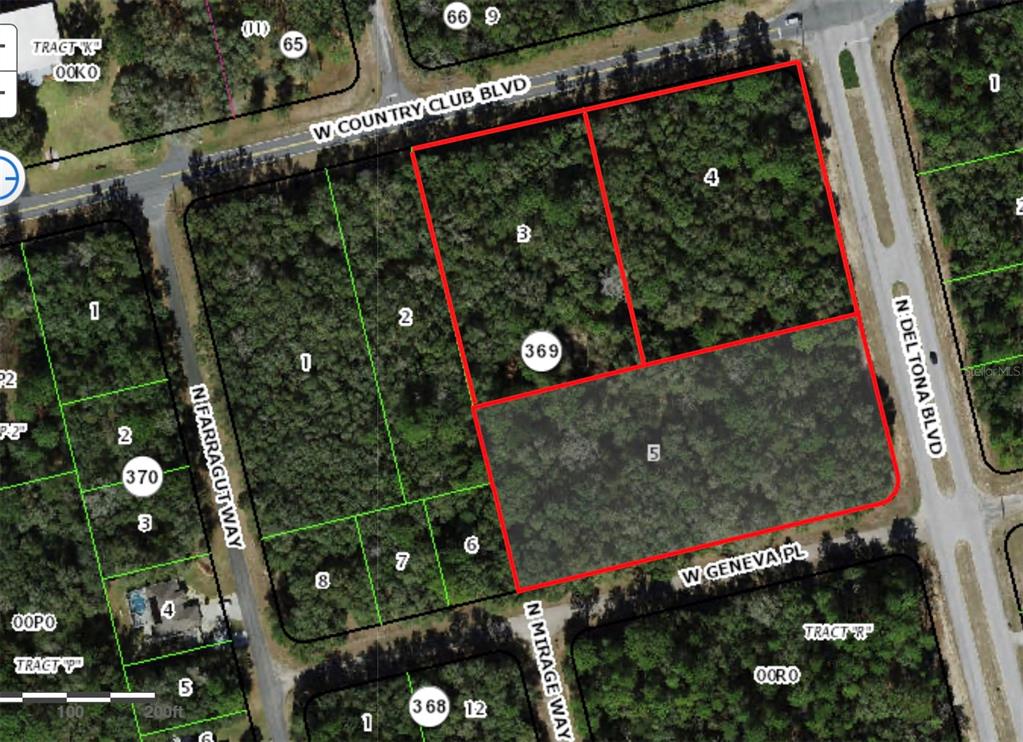 This is a map showing several wooded land parcels outlined in red and green — 8808 N DELTONA BOULEVARD, CITRUS SPRINGS, FL