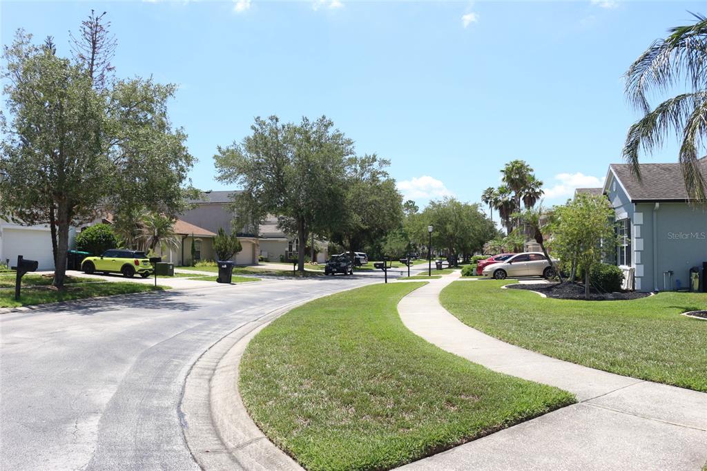 A suburban street features houses, parked cars, green lawns, and a sidewalk under a blue sky — 2500 CORBYTON COURT, ORLANDO, FL